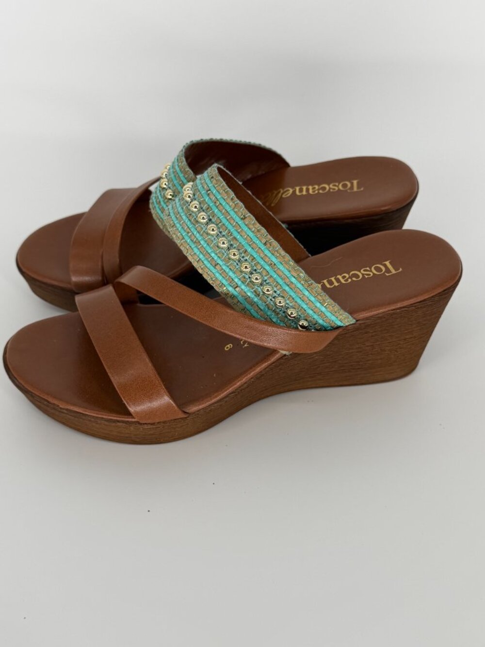 Toscanella Italian Leather Wedge Sandals - Teal Beaded Detail - Size 6 - Picture 3 of 6